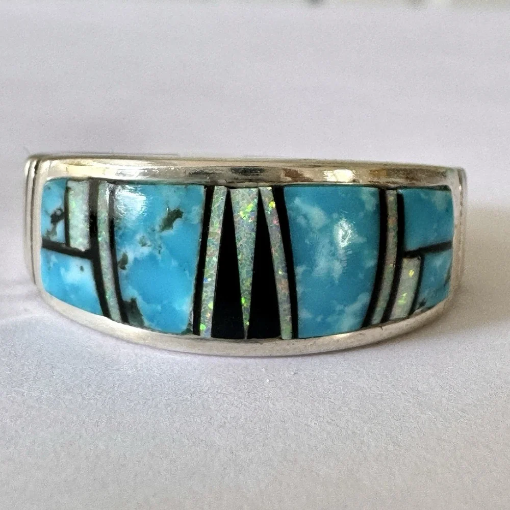 Mens Navajo Wedding Band Sz 12.5 Turquoise Opal Inlay 9mm‎ Ring Signed Tolino